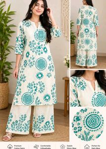 Cream Teal Print Kurta Set