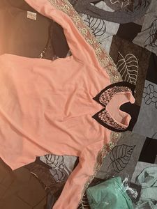 Korean Peach Lace Trim Collared Top