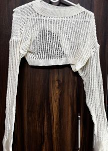 Cream Cropped Mesh Knit Top