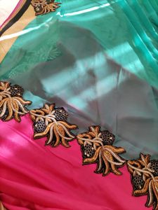 Embroidered Teal and Pink Saree
