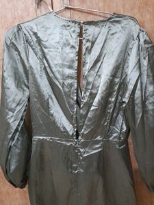 BACKLESS DEEP NECK GREEN SATIN DRESS