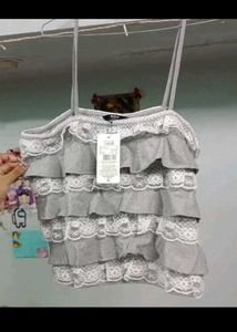 Ruffled Lace Trim Grey Top