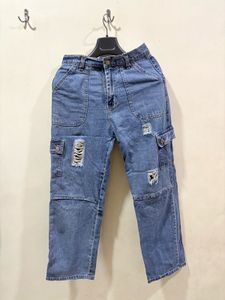 Distressed Denim Cargo Pants