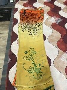 Yellow Saree with Tree & Floral Print
