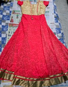 Beautiful Pink &amp; Gold Embroidered Anarkali Gown wi