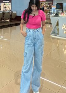 Light Wash Wide Leg Cargo Jeans