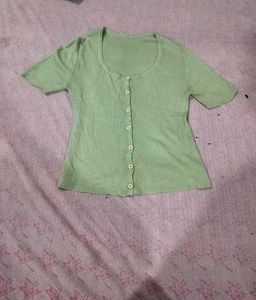 Light Green Ribbed Button-Up Top