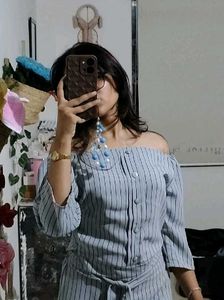 Grey Striped Off-Shoulder Co-ord Set