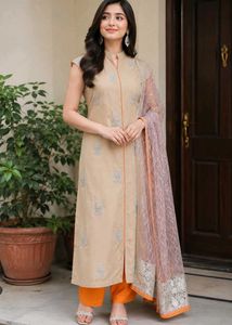 Elegant Beige Embroidered Kurta with Dupatta
