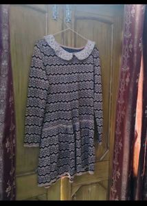 Cozy Patterned Mini Dress with Lace Collar
