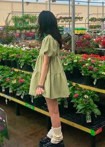 y2k Cute Green Gingham Mini Dress