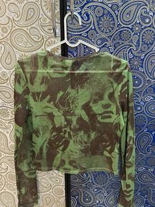 Green Abstract Print Mesh Top