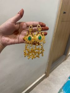 Gold Plated Green Stone Dangle Earrings