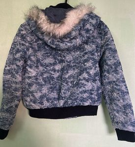 Blue Textured Bomber Jacket with Faux Fur Hood