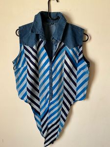 Blue Striped Sleeveless Denim Collar Top