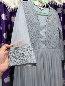 Elegant Grey Lace &amp; Tulle Gown