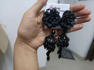 Black Floral Tassel Jhumka Earrings