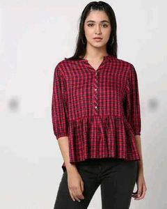 Red Plaid Peplum Top, 87cm
