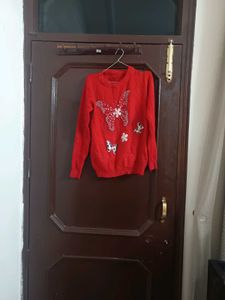 Red Butterfly Embellished Sweater