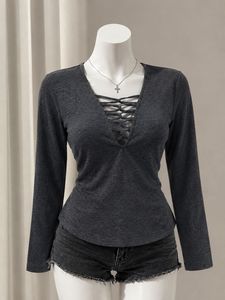 Y2K Long Sleeve Lace-Up Fitted Top