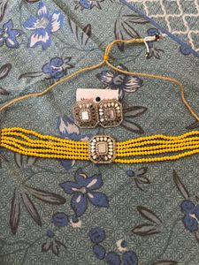 Yellow Beaded Choker Set with Earrings