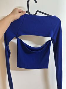 Blue Ribbed Off The Shoulder Crop Top