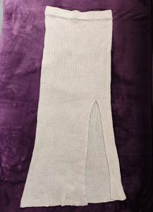 Cream Ribbed Knit Midi Skirt with Slit