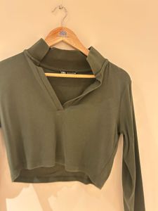 Olive Green Long Sleeve Crop Top