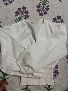 White Smocked Cropped Blouse