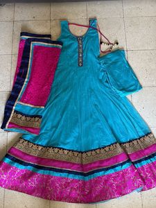 Beautiful Teal Anarkali with Pink Dupatta