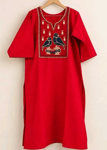 Vibrant Red Kurta Set with Bird Embroidery