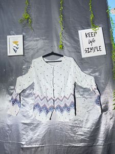 White Boho Printed Button-Up Top