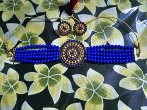 Blue Beaded Choker Necklace & Earring Set