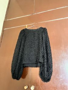 zara Black Textured Balloon Sleeve Top
