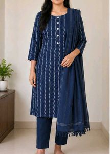 Striped Cotton Kurta Set with Dupatta
