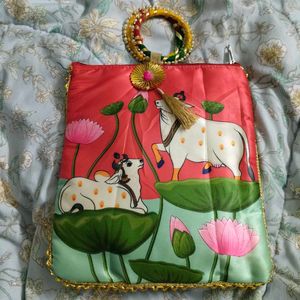 Handcrafted Cow &amp; Lotus Print Clutch Bag
