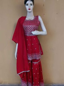 Red Embroidered Kurta Sharara Set