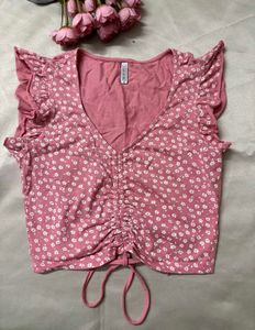 Pink Floral Ruched Crop Top