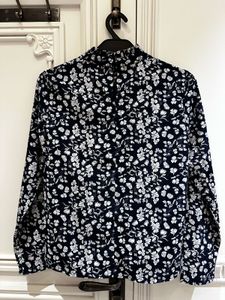 Navy Blue Floral Print Ruffle Collar Top