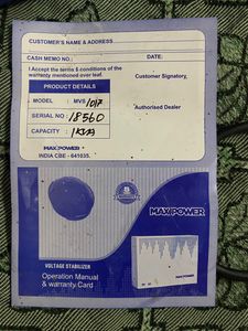 Stabilizer with 5 years warrenty card
