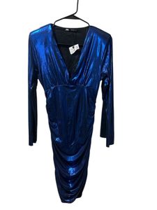 Zara XS Blue Metallic Dress V Neck