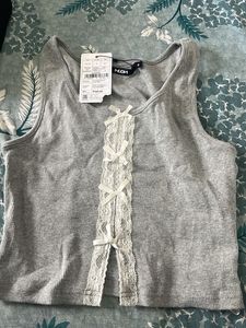 Grey Ribbed Lace-Up Tank Top