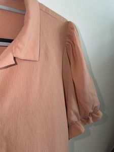 Peach Puff Sleeve Button-Up Blouse