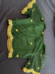 Green Embroidered Blouse with Gold Trim