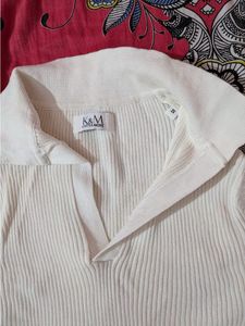 Cream Ribbed Collared Sweater