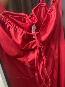 Red A-Line Tie Dress With Drawsting Neck Front