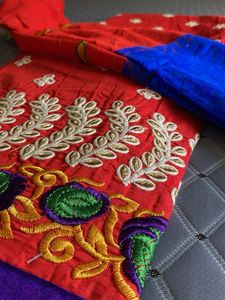 Elegant Red &amp; Blue Dress Material Set with Dupatta