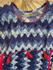 Blue Zigzag Print Kurta with Tassels