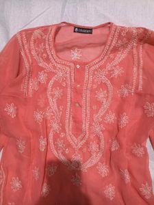 Coral Elegance Embroidered Kurti 🧡🌿