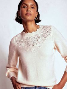 Cream Lace Detail woolen Knit Sweater